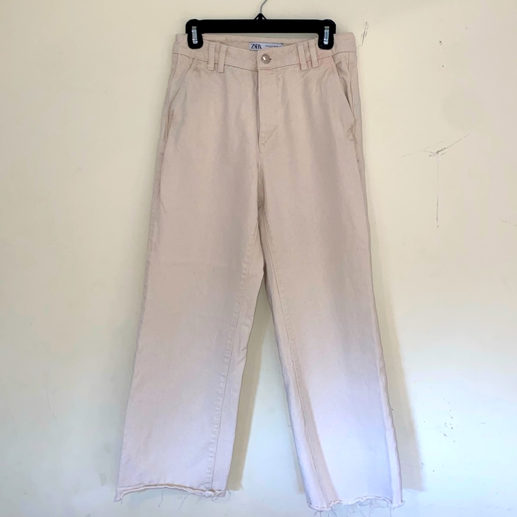 Zara Cream Ivory Wide Leg High Rise Flat Front Sz 6 Trouser Jeans